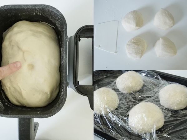 第一階段行程結束麵糰會發酵至2倍大左右。將麵糰取出輕輕按壓將空氣排出，以刮刀分成4等份 (一等份約150g左右)揉成光滑麵糰蓋上保鮮膜靜置約20分鐘(第2次發酵)。