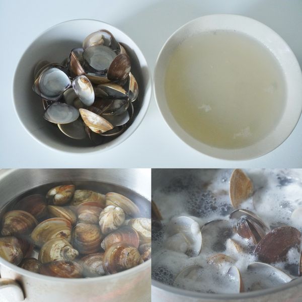 蛤蜊吐沙後放入小湯鍋中加水約300ml，煮到蛤蜊打開將湯汁過濾到碗中即為蛤蜊高湯，蛤蜊預留備用。