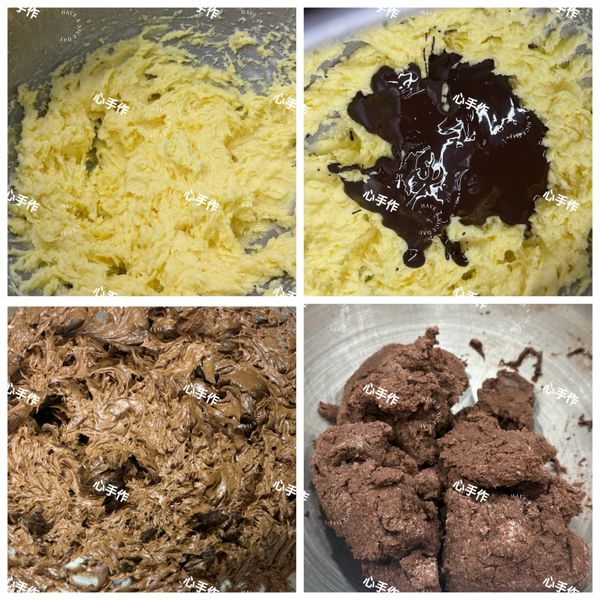 先做布朗尼麵糰：
將無鹽奶油和糖粉混合攪拌至順滑。加入全蛋液，繼續攪拌至混合均勻。將黑巧克力融化，倒入麵糰中，混合均勻。
加入過篩低筋麵粉、可可粉、泡打粉用刮刀拌勻。
這時麵糰有點黏稠，密封起來先放冷凍。
💡泡打粉不可以省略。
💡布朗尼麵糰可以提前一天先做，搓圓後密封放冷凍，隔天就可以直接包。