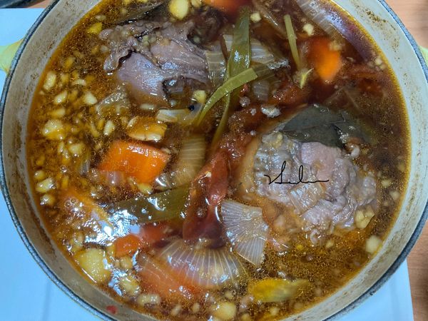 把所有材料放入鍋中，再放入1700CC的水，記得一定要先放所有的材料包括牛肉才可以放水，免得水量一下子放太多其他放不下鍋子內，連同華盛頓富士蘋果肉(汁)一起蓋上鍋蓋煮50分鐘。中小火。過30分鐘時可以開鍋把它翻個面。如果太滿的話鍋蓋就留1小縫隙這樣才不會噗鍋。使用22公分鑄鐵鍋。