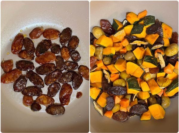 熱鍋加一小匙橄欖油，臘腸入鍋炒出邊緣微捲油脂釋出，再加入南瓜、香菇、栗子、紅蘿蔔拌炒出甜味～