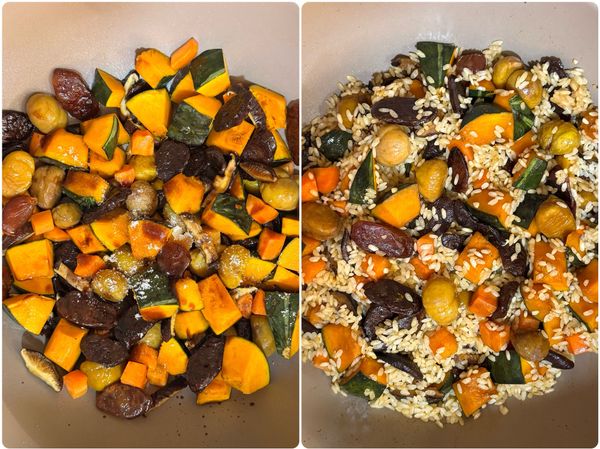 再加入醬油、蠔油與糖炒勻，香氣釋放後，加入瀝乾的【美國稻米-加州玫瑰米】，中小火拌炒約2～3分鐘，直到米粒微透明、帶光澤。

【美國稻米-加州玫瑰米】，米粒大又飽滿，入口有嚼勁，含有極佳的飽水性，適合用於多種料理，如壽司、飯糰、炊飯、炒飯、燉飯..米飯料理選它就對了！