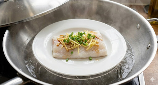 1.準備一個蒸鍋，水燒開後，放入鱈魚。

2.蓋上鍋蓋，以大火蒸約 7-8 分鐘。
（視魚肉厚度而定，魚肉已經變白，表示熟透）

3.蒸好後熄火，不要馬上打開鍋蓋，利用餘溫
    燜 2 分鐘，這樣魚肉會更鮮嫩。