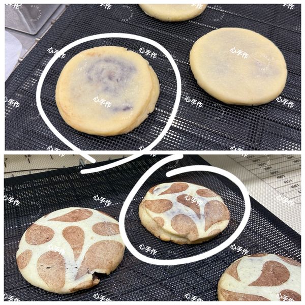 若是有把布朗尼麵糰冷凍，記得包好後要壓扁之前，先放常溫讓布朗尼麵糰回溫變軟一點點再壓扁喔！
圖中上圖是我直接壓扁但因為布朗尼麵糰還是硬的，所以壓扁後會變型一點點，旁邊那個就是有等回溫變軟才壓就會很圓
變型的烤後還是看得出來😂