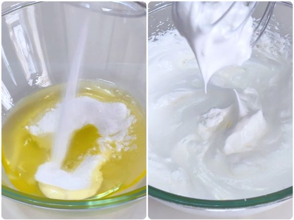 製作蛋白霜：
在蛋白中加入細砂糖和檸檬汁，用電動打蛋器高速打至提起打蛋器呈尖鉤狀。