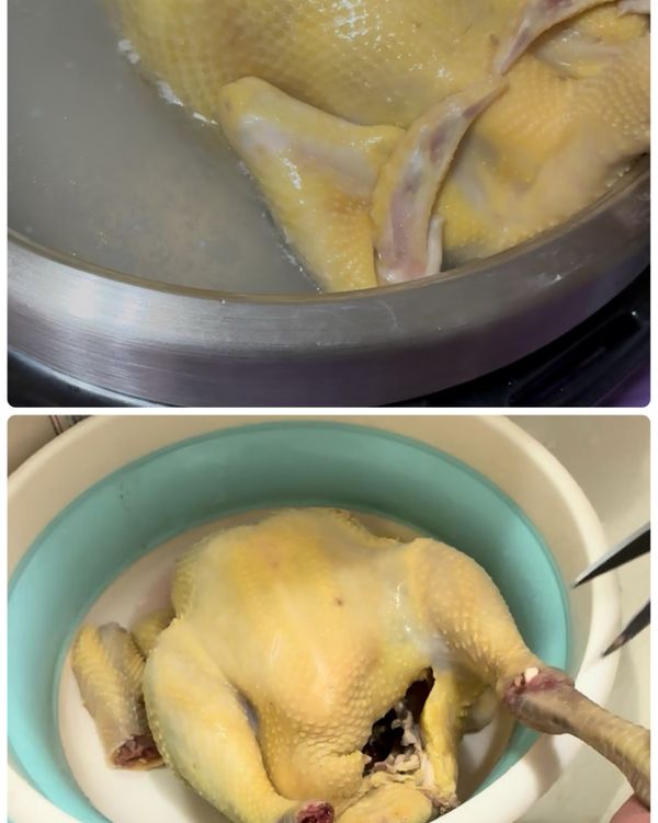 雞肉燙過水再清洗過一次更乾淨
雞腿關節處下方些剪斷防止皮收縮
