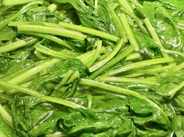 ●起湯鍋加2小匙油跟1/2小匙鹽(不在材料裡)，水滾放菠菜蓋鍋燙時間1分鐘已熟，熄火。
※燙青菜加點油脂讓葉菜光亮口感滑順，加鹽能讓葉菜保持翠綠，鹽可抑制葉綠素的鎂離子釋出，也能縮短烹煮時間，減少蔬菜中的有機酸釋放，避免顏色變黃變黑。