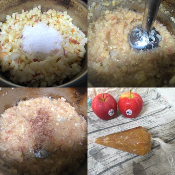 在切好的華盛頓加拉蘋果丁中加入香草糖和檸檬汁用小火熬煮，10分鐘後用均質機將湯鍋中的華盛頓加拉蘋果丁略為均質成泥狀，拌炒至水份收乾後加入肉桂粉翻炒均勻即可盛出放涼，裝入擠花袋中，備用。