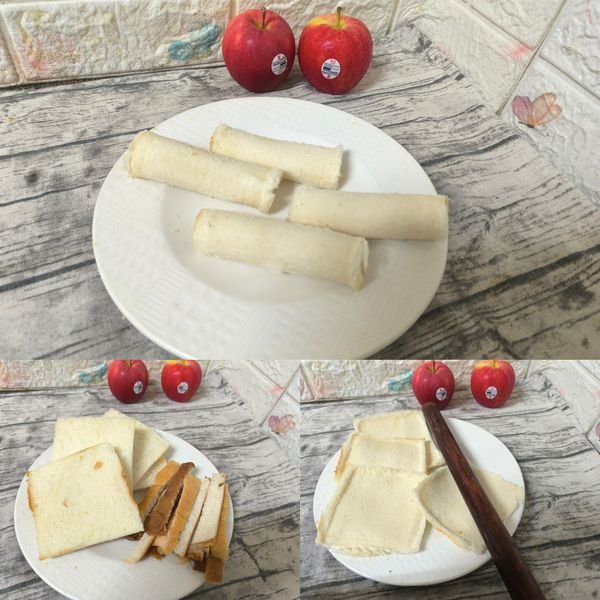 吐司去邊，用擀麵棍擀壓成薄片狀，再捲成圓筒狀。(接口處可沾少許水份，緊壓時會更容易接合住。)