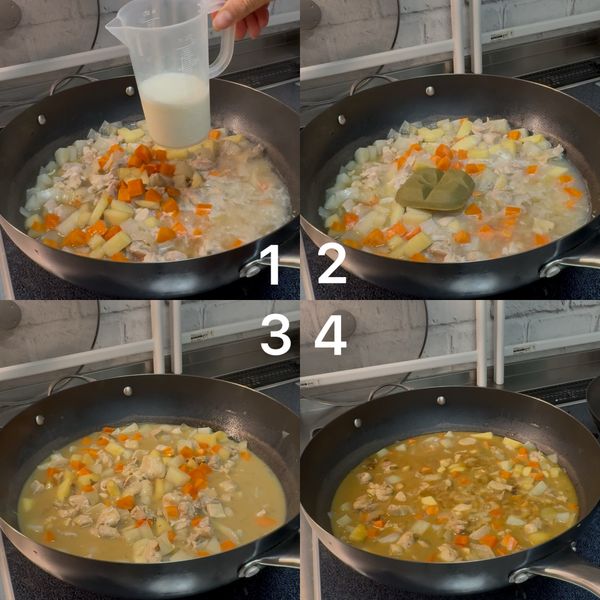 關火，加入牛奶100毫升，再加入咖哩塊，攪拌讓它慢慢溶解。
咖哩拌勻後，開小火，煮到鍋邊冒小泡就可以了。