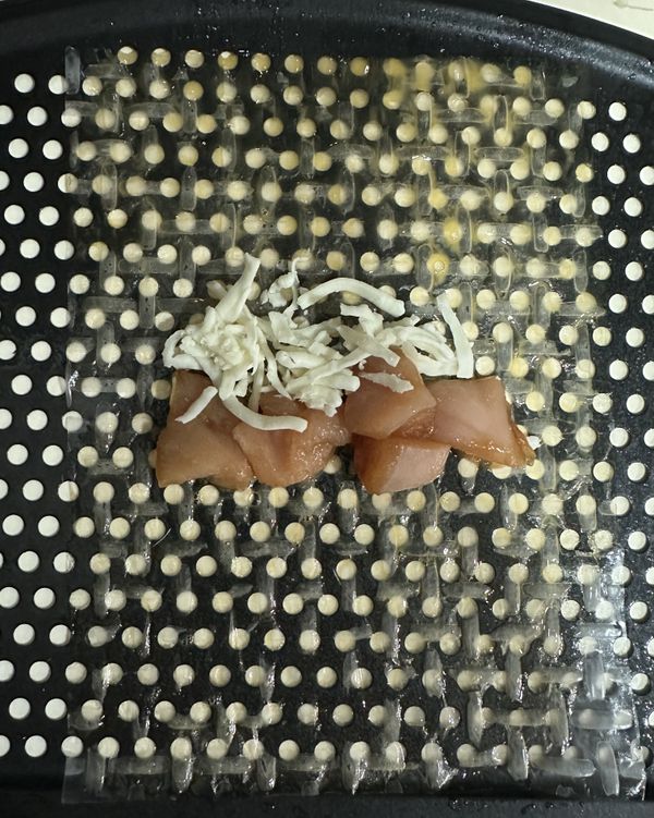 將沾滿蛋液的米紙，放上切條的雞胸肉與適量乳酪絲，準備捲起