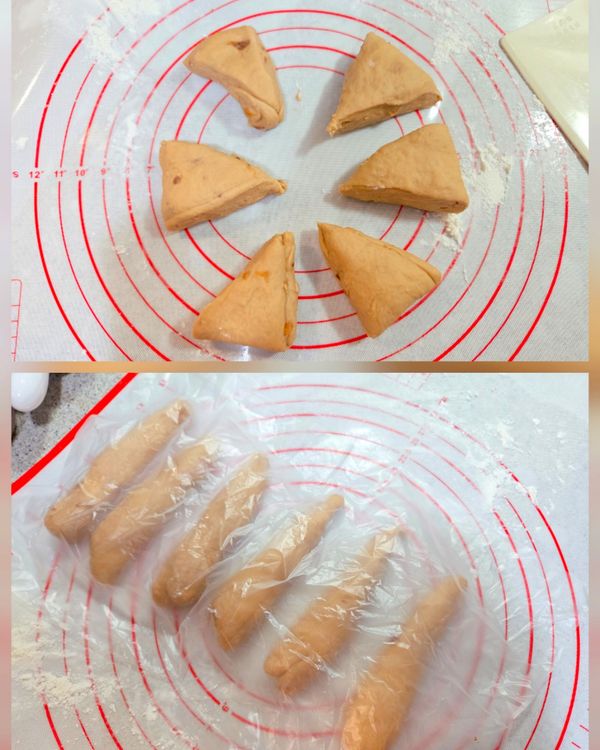 將麵糰分切成6等分，搓揉成長柱形，蓋上塑膠袋或保鮮膜鬆弛15分