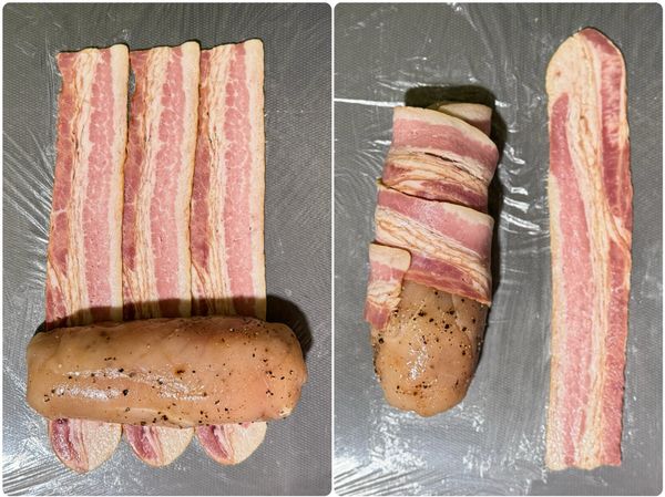 取下保鮮膜後，外層用3片培根繞滿包覆，(三條並排或旋繞式)讓捲體更香、更緊實，收口盡量朝下。
