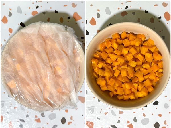 地瓜去皮切成約0.7公分小丁，置入耐熱碗，蓋上濕的廚房紙巾，再包上保鮮膜(留一個小縫），微波500W5分鐘，取出放涼～