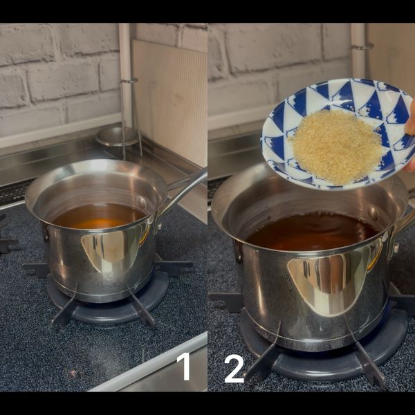 鍋中倒入蕎麥茶 750毫升與砂糖20公克，中小火加熱至砂糖溶解、鍋邊冒小泡泡即可熄火。