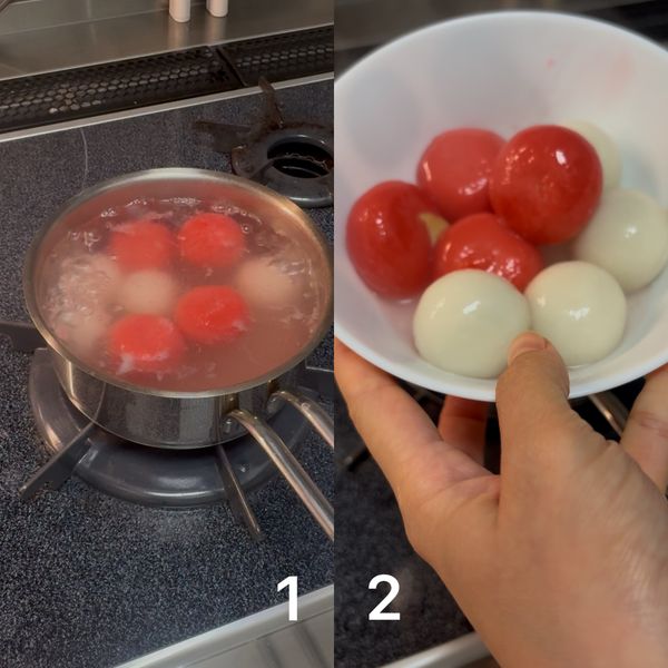 煮湯圓：
轉中小火煮約 5 分鐘，待湯圓浮起即可。將湯圓先撈出備用。