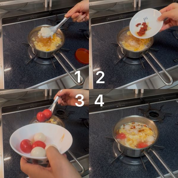 加入酒釀完成： 加入酒釀 4 湯匙攪拌均勻，再加入枸杞及放回湯圓，稍微加熱即可關火完成。