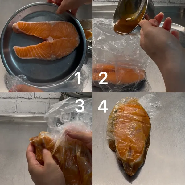 醃製鮭魚：
鮭魚以廚房紙巾擦乾水分，放入密封袋中，倒入調好的味噌醬，讓鮭魚均勻裹上醬料，放入冰箱冷藏醃至隔夜。