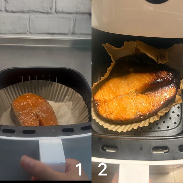 氣炸鍋烤製：
將醃好的鮭魚放入氣炸鍋，以 190°C 烤約 15 分鐘（依各品牌與鮭魚厚度可調整），中途翻面一次，烤至熟透即可。
