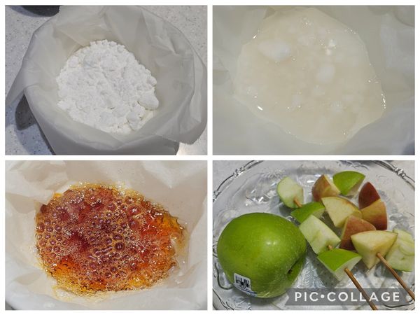 然後取出看一下狀態，還沒達到深金黃色前，以每次再加熱二十秒的方式，（要觀察顏色）一直加熱到糖漿變成將近咖啡色，即可整碗取出。

顏色變深後一次不要加熱太久，不然可能會直接變焦炭喔。

再將烘焙紙移到深盤方便裹糖漿。如果煮很多糖漿就不必移動了。