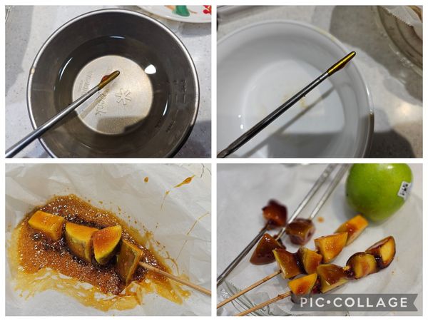 注意：煮好的焦糖漿超過140度，非常燙，動作要小心。

用筷子沾糖漿，放入冰水冷卻，敲一下碗邊，看看聲音是否清脆。
清脆表示裹上的糖會結成硬糖殼。可以沾糖漿，然後放涼。
糖漿冷卻就會變硬無法再沾，動作要快些。做好的焦糖蘋果〔冷卻後〕可以直接享用。
直接吃了兩塊後決定繼續煮成焦糖蘋果茶。