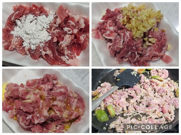 將肉片與華盛頓富士蘋果丁與太白粉拌勻，再加一大匙油拌勻。
熱鍋下一大匙油，炒肉片與孢子甘藍至半熟。