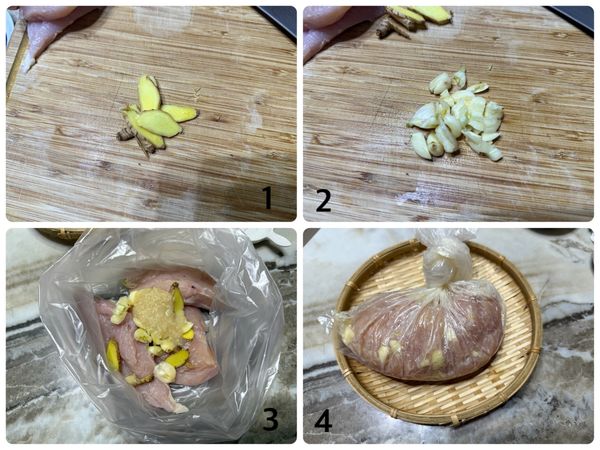 醃肉
薑切片，蒜頭切碎，取一塑膠袋將鹽麴雞胸材料放在一起，用手稍微搓揉一下，包起來放冰箱冷藏醃一個晚上
（通常一次會醃多一點，今天醃一包，裡面有3塊雞胸）