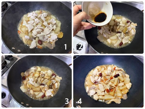 放入雞胸肉，小火拌煮2-3分鐘，再加入調味料（醬油、米酒、香油），拌勻即完成。（此處可依個人喜好勾點薄芡）