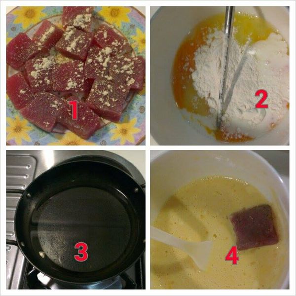 先將魚塊使用上所有[醃料]略為抓一抓，靜置30分鐘
準備所有麵衣材料[麵衣]拌勻即可
備一鍋加入沙拉油，開中火，帶油溫升高轉為小火