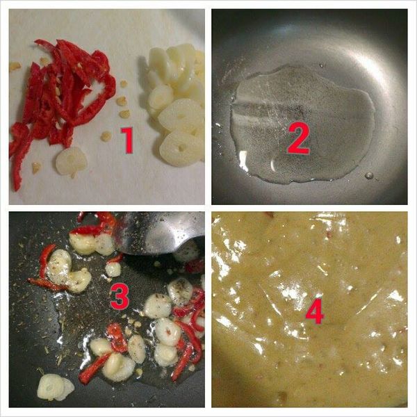 將辣椒，蒜仁切片，備一平底鍋，放入少許的油，薑辣椒與蒜仁爆香，再加入[可果美咖哩鍋高湯]三大匙拌勻即可