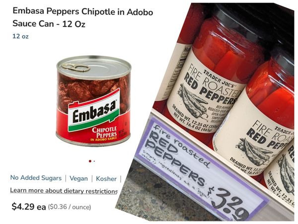 配方B:(成品量少, 適合家用)
◇ Red Peppers x 2
◇ Chipotle Peppers in Adobe sauce x 1
◇蜂蜜(選用) 2~5匙。
◇塩(選用) 1/8~1/2小匙。
◇泰國紅椒(選用) 5-15克
◇橄欖油 3匙。

※成品約 720克。
