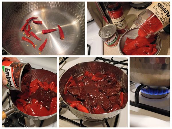 1.泰國椒洗淨去蒂頭，放鍋內。
2.Red Peppers 罐頭瀝乾後，將全部倒到鍋子內。
3.整罐 Chipotle Peppers 罐頭直接倒到鍋子內。
4.用中小火煮到約少 1/3~1/2(約25-30分鐘)。
5.準備、清洗並用熱水燙過玻璃瓶，並瀝乾備用。