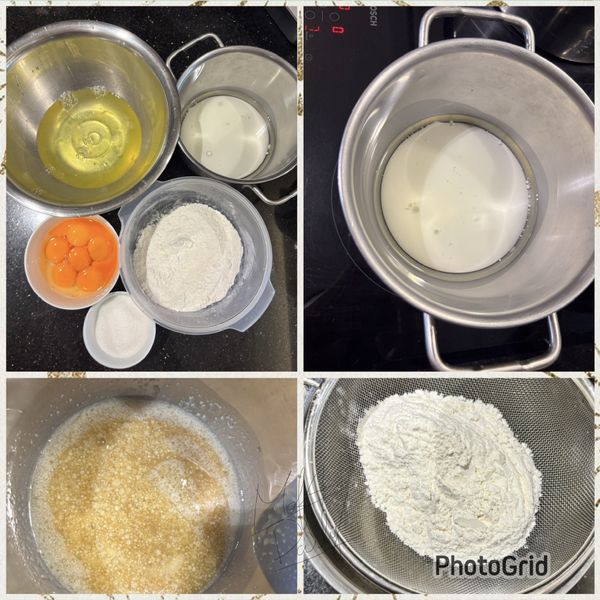 材料準備好備用

植物油、蜂蜜、牛奶加在同一鍋，放在爐上中小火加熱…攪拌均勻….加熱到40度左右關火

加入過篩的中筋麵粉攪拌均勻