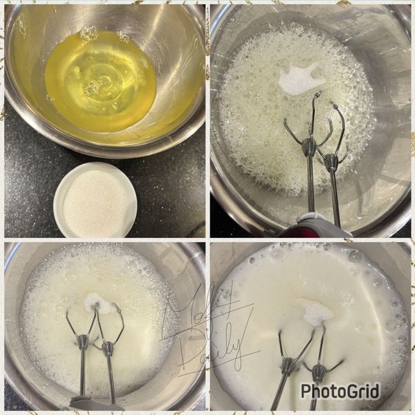 蛋白加入幾滴檸檬汁（白醋也可以）

第一次先打到粗泡，第一次加入砂糖..
接著繼續打..會看到蛋白的泡泡變小

第二次加入砂糖

變細緻後..最後一次加入砂糖

這時候烤箱先預熱上下火170度