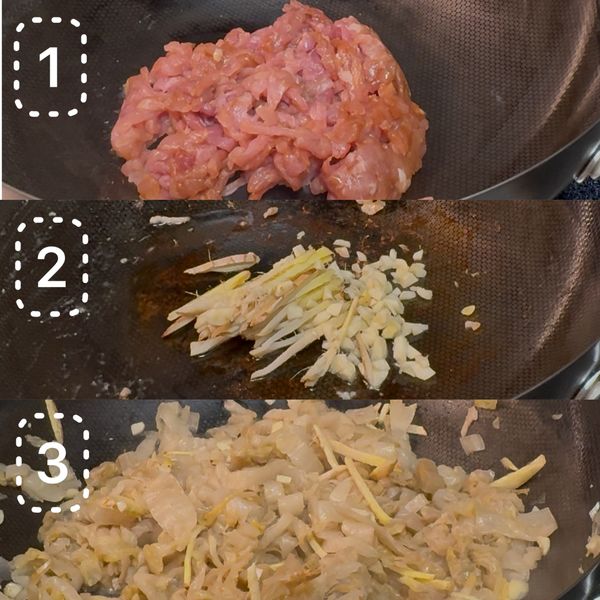 炒製酸白菜基底：
1.煸肉： 熱鍋油稍多，先下肉絲炒至變色盛起。
2.爆香： 原鍋下大量薑絲與蒜末，中小火炒出香味。
3.煸炒： 加入酸白菜絲，持續翻炒約 3-5 分鐘，直到酸白菜的水分略微收乾、發酵香氣完全釋放。