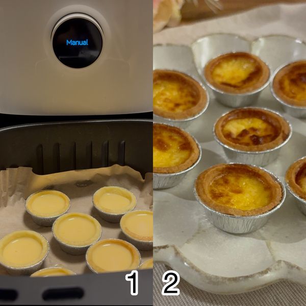 正式烘烤：
1.熟成： 設定 160°C 烤 8-10 分鐘。（因為塔皮已經半熟，時間比直接烤稍微縮短）。
2.上色： 觀察蛋液凝固後，最後轉 180°C 烤 2 分鐘 逼出焦糖斑點。