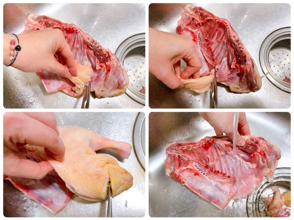 鴨子剪去油脂、血管、屁股，清洗乾淨。
