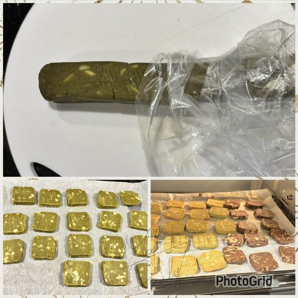 取出切片時候要特別小心，大約0.5公分寬

下刀要慢，有加餡料很容易碎掉

切好的餅乾片放入烤盤，預熱烤箱，180°C烘烤約20-25分鐘