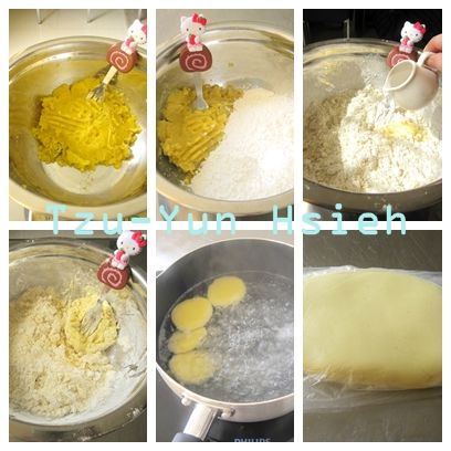 地瓜蒸熟壓泥，糯米粉等重加入，加少許水揉成團(約全部的1/5)，將其放入滾水中至浮起，再撈起放回去揉。(若沒有馬上要操作可以先裝袋子)