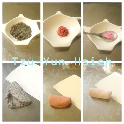 (取部分糯米糰與芝麻粉、紅麴粉、草莓粉混合的樣子。)