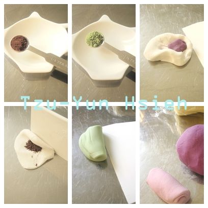 (取部分糯米糰與可可粉、抹茶粉、紫地瓜糰混合的樣子。)