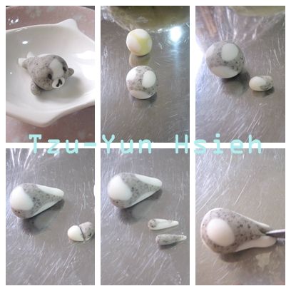 小海豹作法:可將不同的糯米糰一起搓成圓形小小的橢圓形，將圓形搓成水滴狀而橢圓形對切也是搓成水滴狀，將大水滴尾端切開。(請繼續往下看)