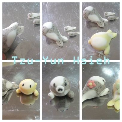 切開後用手捏一下就是尾巴了，把小水滴分別沾水貼在兩旁，用芝麻點綴一下^^