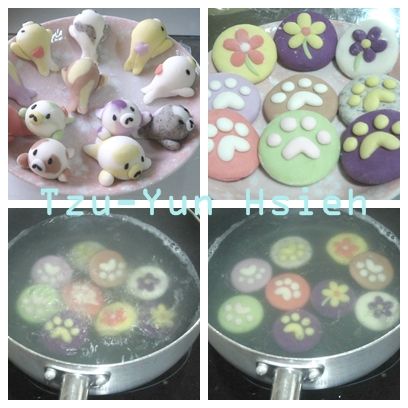 (煮的樣子)紫地瓜湯圓若用自來水煮，水會變藍藍綠綠的喔~用過濾水或礦泉水煮比較好。