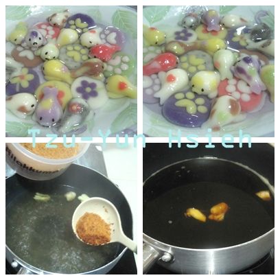 煮至浮起來再滾一會兒，撈起來用冰開水冰鎮一下。
水滾後薑拍扁加入，加黑糖or二砂or冰糖。