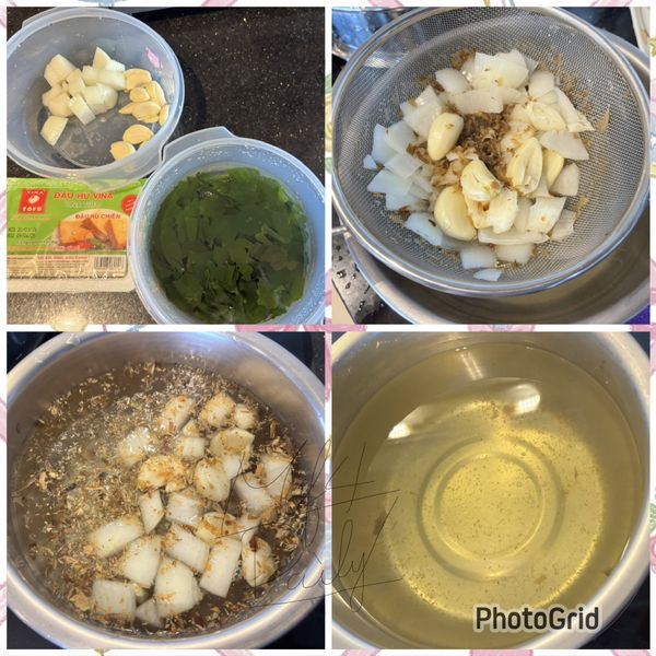 洋蔥切塊
蒜頭拍碎
海帶芽泡開，洗淨過濾

湯鍋加水1200毫升，加入洋蔥、蒜頭、柴魚片熬煮湯頭。

待水微微冒小泡泡，悶 3～5 分鐘，再濾掉柴魚片跟洋蔥蒜頭。

得到一鍋柴魚高湯