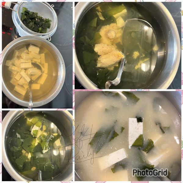 加入豆腐（如果有其他配料，在這個時候加入），煮至小滾，接著放入海帶芽，關小火，味噌用湯溶開再倒回鍋。全程小火即可。

白味噌很怕煮滾，溫度越低香氣越甜。