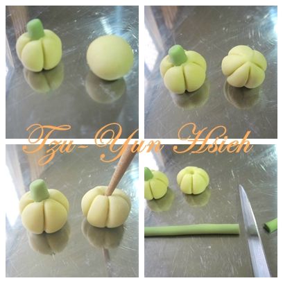 (南瓜造型)取黃肉地瓜糰約10g搓圓，用刮板或湯匙壓痕，以筷子在頂部戳洞，將抹茶糰搓長條狀後切一小段沾水組合。