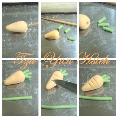 (胡蘿蔔造型)取金黃乳酪糰約10g搓成水滴型，頂部用筷子戳洞，抹茶糰搓長條狀切三節，沾水組合就可以了。