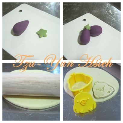 (茄子造型)取紫色地瓜糰約10g搓圓，雙手呈v狀，就會變水滴型。抹茶糰切成星狀沾水組合。